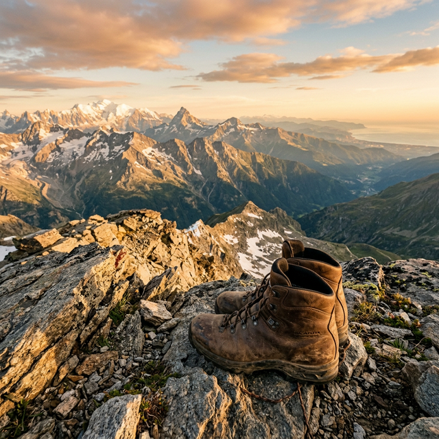 Hiker resting at mountain summit with panoramic view
