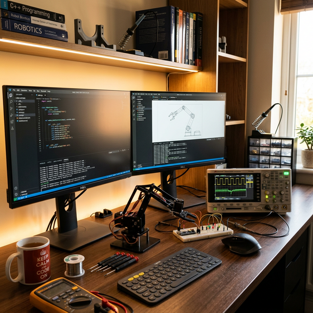 Engineering workstation with oscilloscope and robotics components
