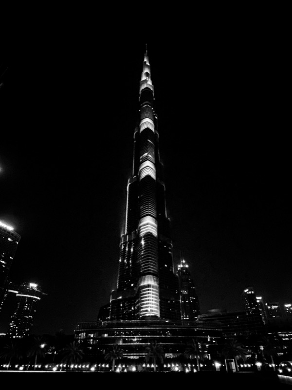Night view of the Burj Khalifa showing its extreme height