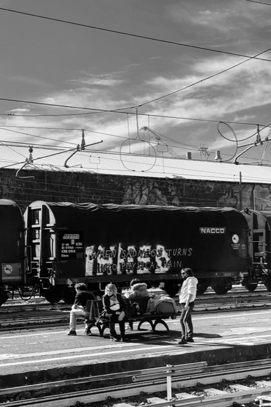 Black and white photo of a train station with text on a wagon: 'WHEN SADNESS TURNS INTO PHYSICAL PAIN'